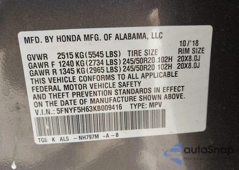 2019 Honda Pilot Touring из США, поврежденный, VIN 5FNYF5H63KB009416